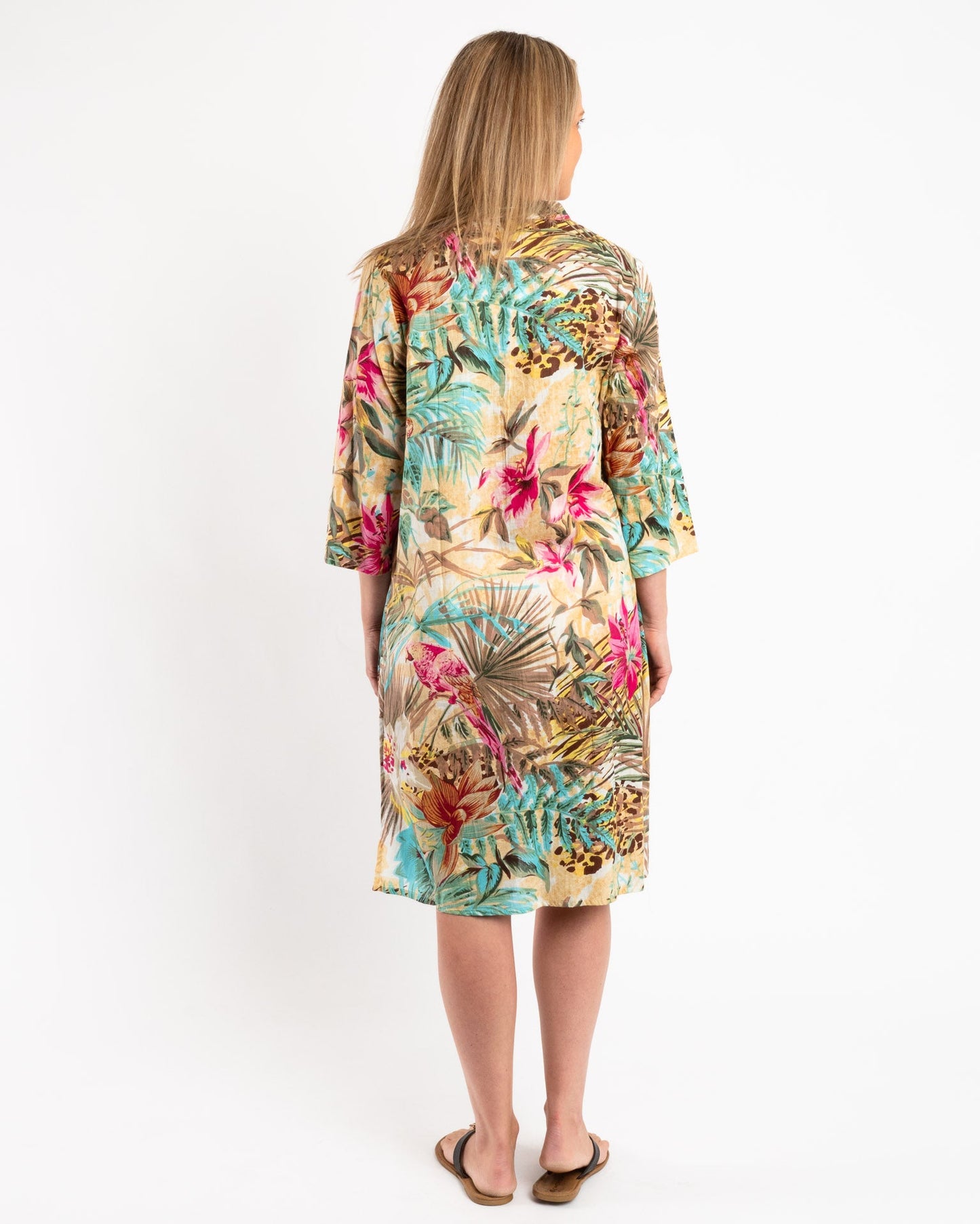 Pleated Summer Dress in Ecru and Hot Pink Floral