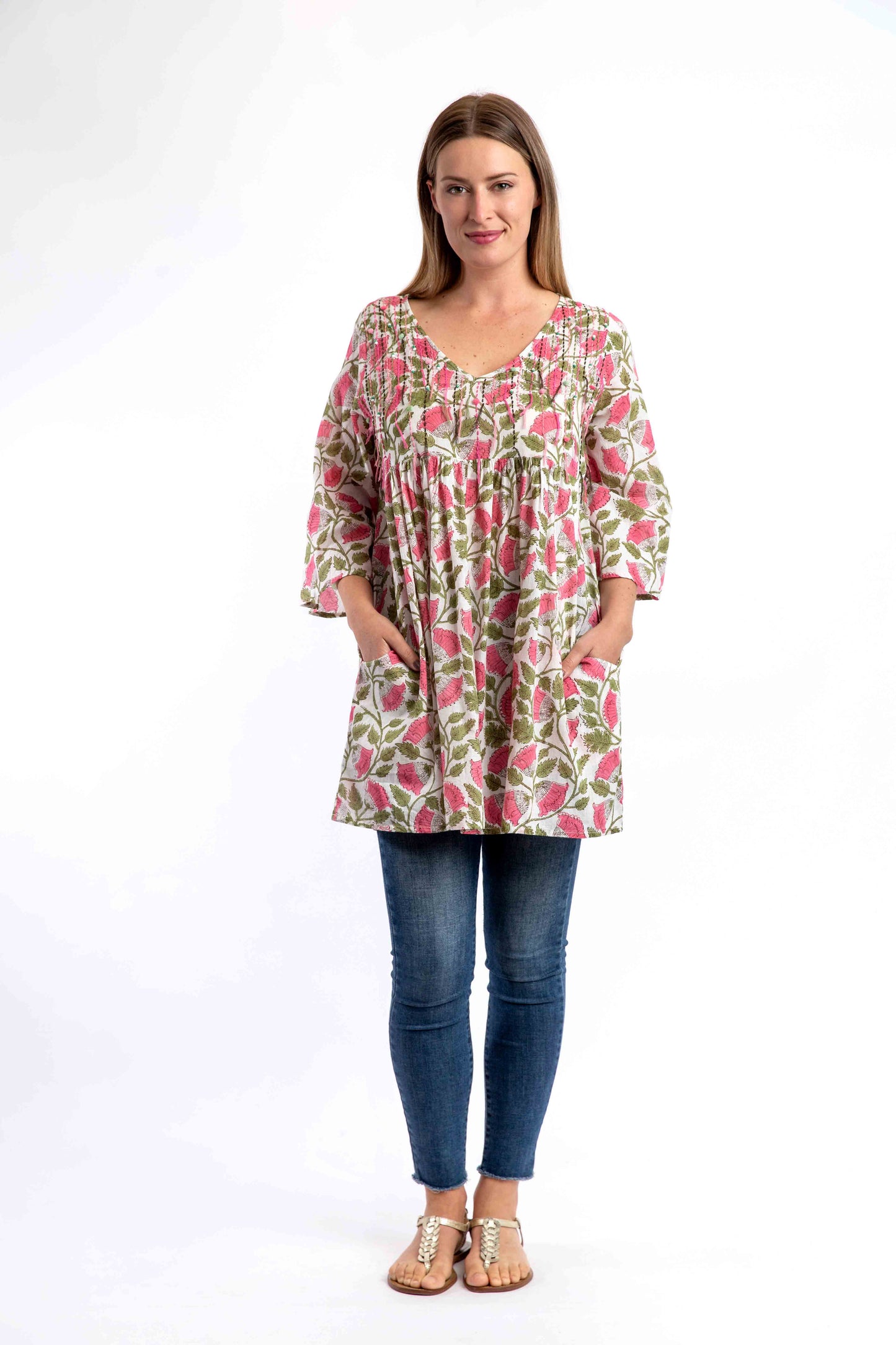 Dorrigo Embroidered Long Top in Pink Poppies