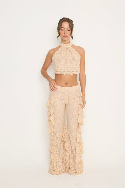 Sydney Lace Ruffle Trousers | Beige