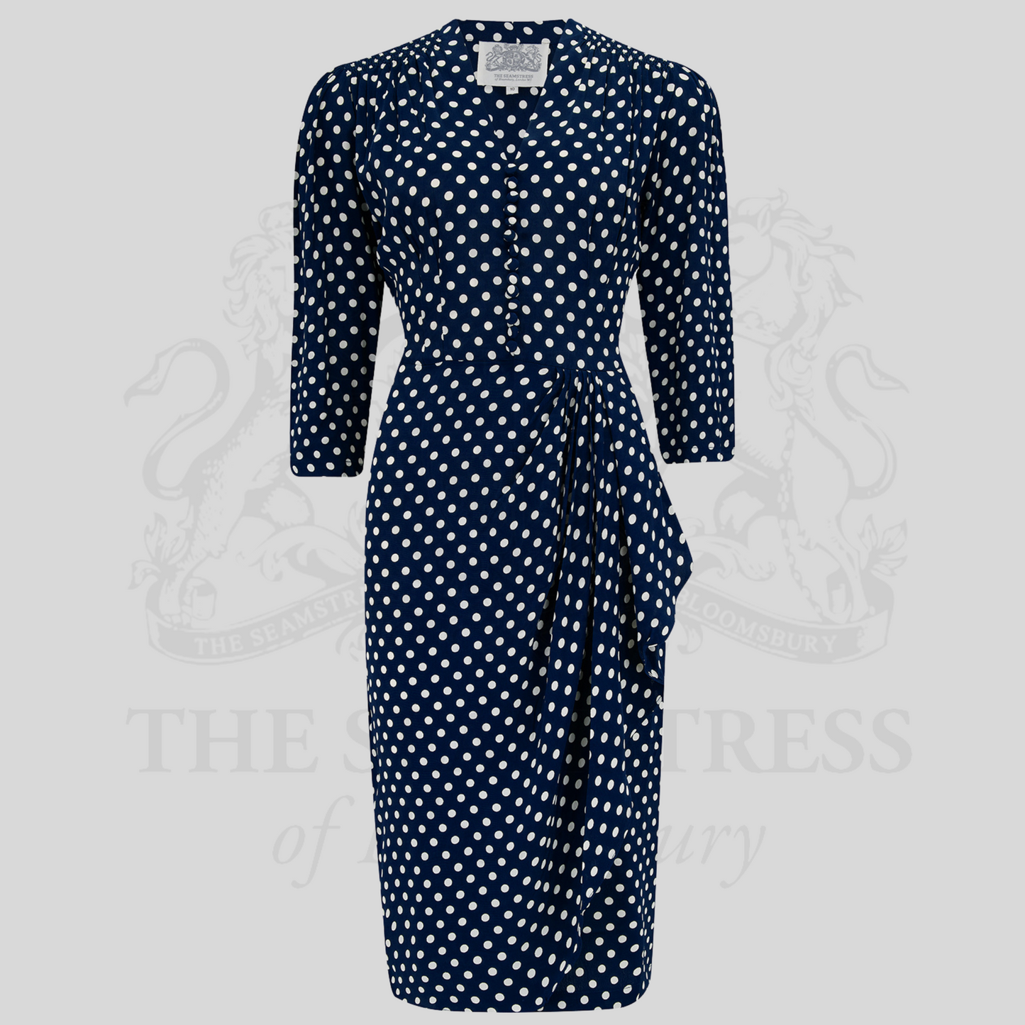 Mabel 3/4 Waterfall Dress in Navy Polka