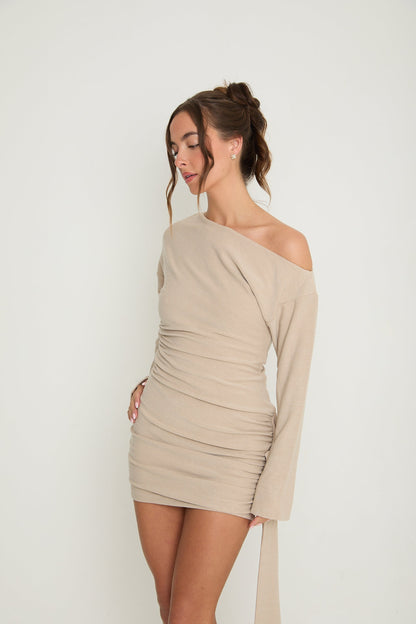Hailey Asymmetric Drape Dress | Beige
