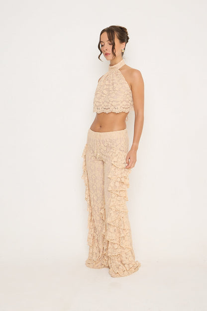 Sydney Lace Ruffle Trousers | Beige