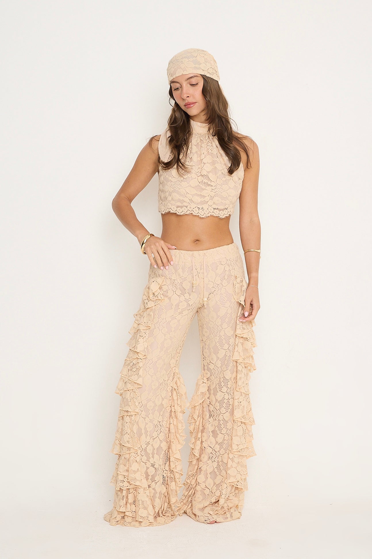 Sydney Lace Ruffle Trousers | Beige