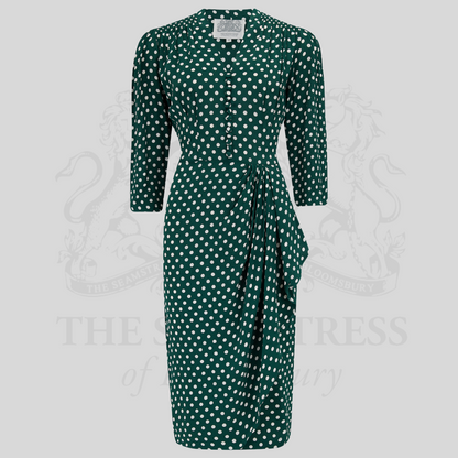 Mabel 3/4 Waterfall Dress in Green Polka