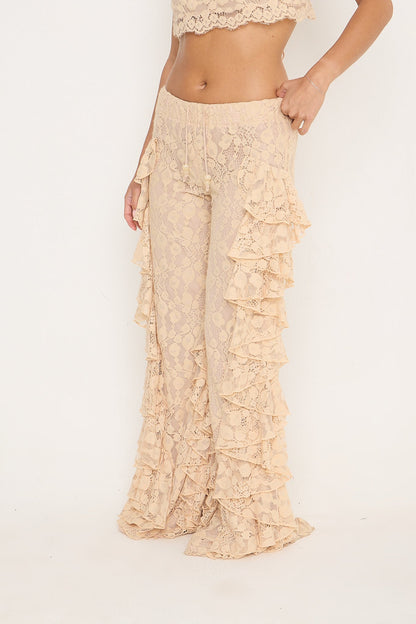 Sydney Lace Ruffle Trousers | Beige