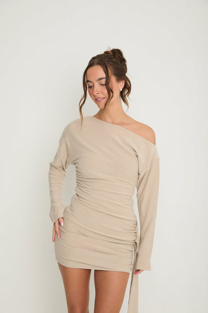 Hailey Asymmetric Drape Dress | Beige