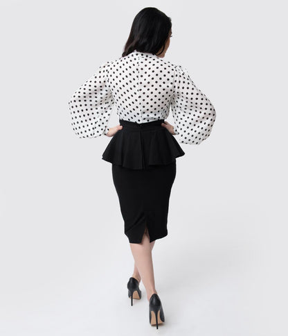 Unique Vintage 1940s Black Stretch Peplum Boulevard Pencil Skirt