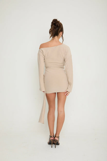 Hailey Asymmetric Drape Dress | Beige