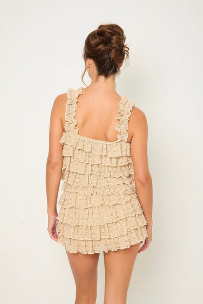 Macy Lace Ruffle Playsuit | Beige
