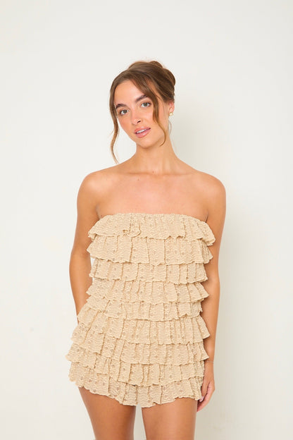 Macy Lace Ruffle Playsuit | Beige