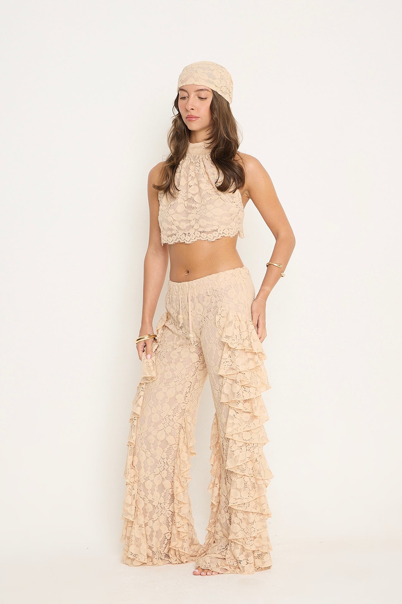 Sydney Lace Ruffle Trousers | Beige
