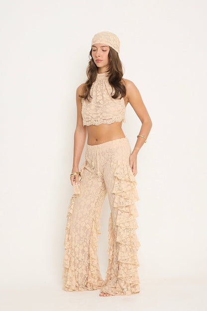 Sydney Lace Ruffle Trousers | Beige