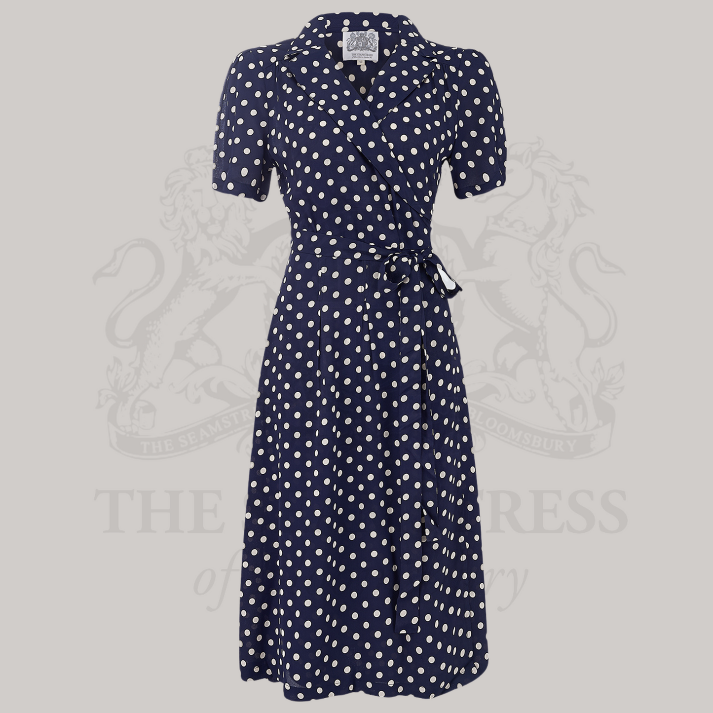 Peggy Wrap Dress in Navy Polka