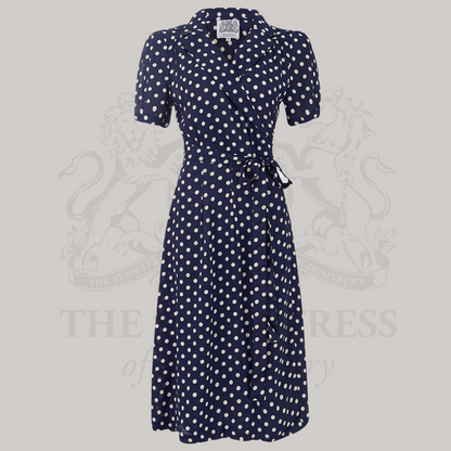 Peggy Wrap Dress in Navy Polka