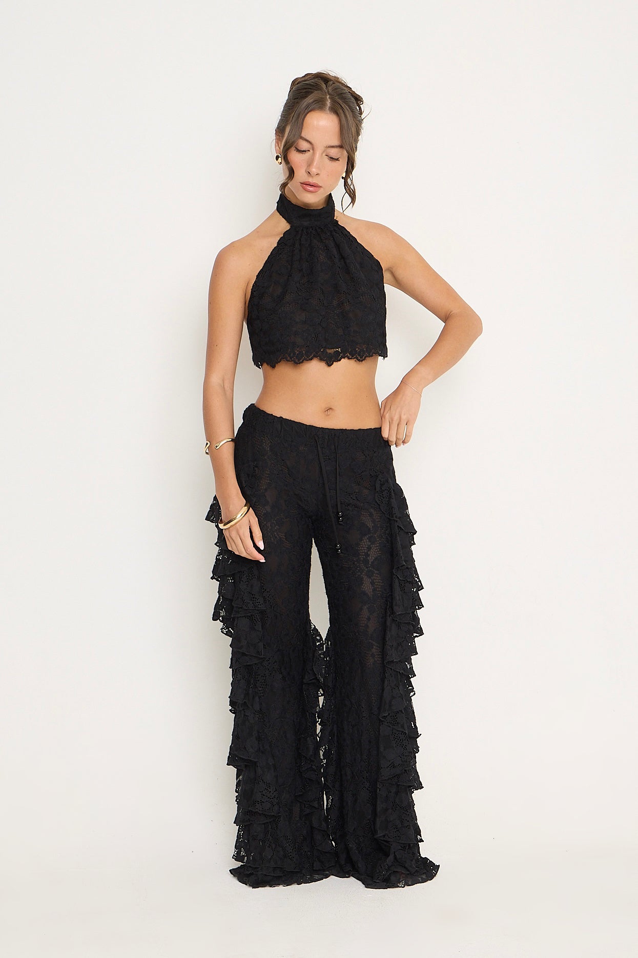 Sydney Lace Ruffle Trousers | Black