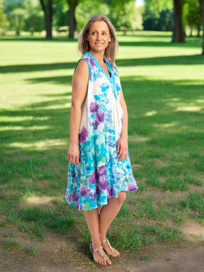 A-line Seeveless Dress in Lilac/Blue on White