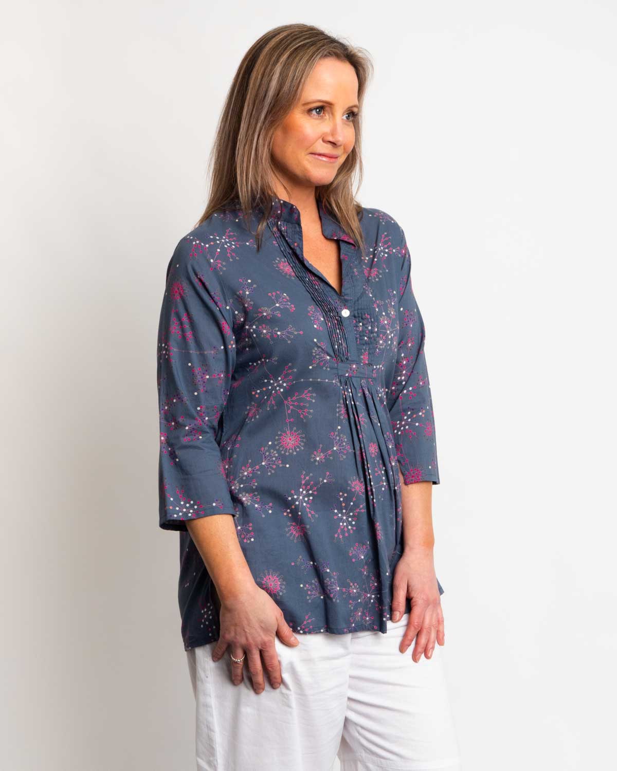 Sleeved and Pleated Summer Top in Gun Metal Grey Floral