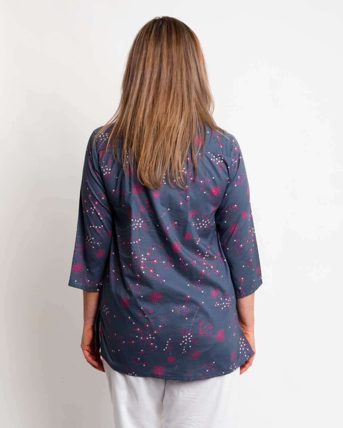 Sleeved and Pleated Summer Top in Gun Metal Grey Floral