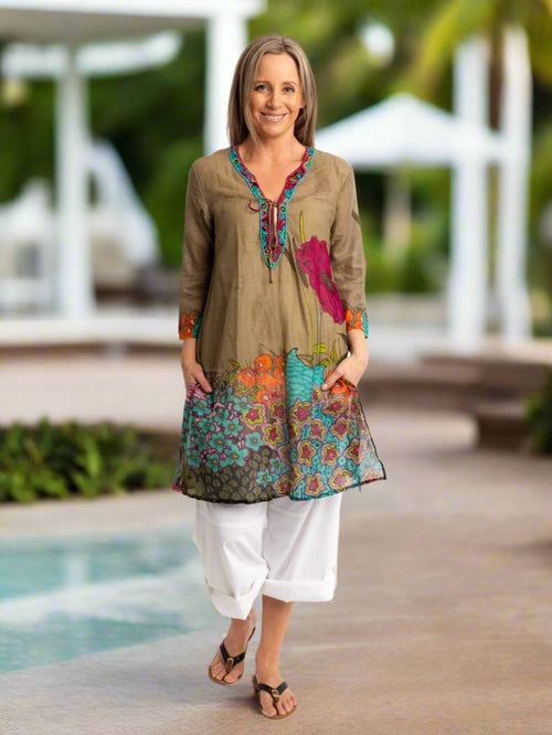 Beaded Long Top with Tie in Olive, Sea Green and Orange Print
