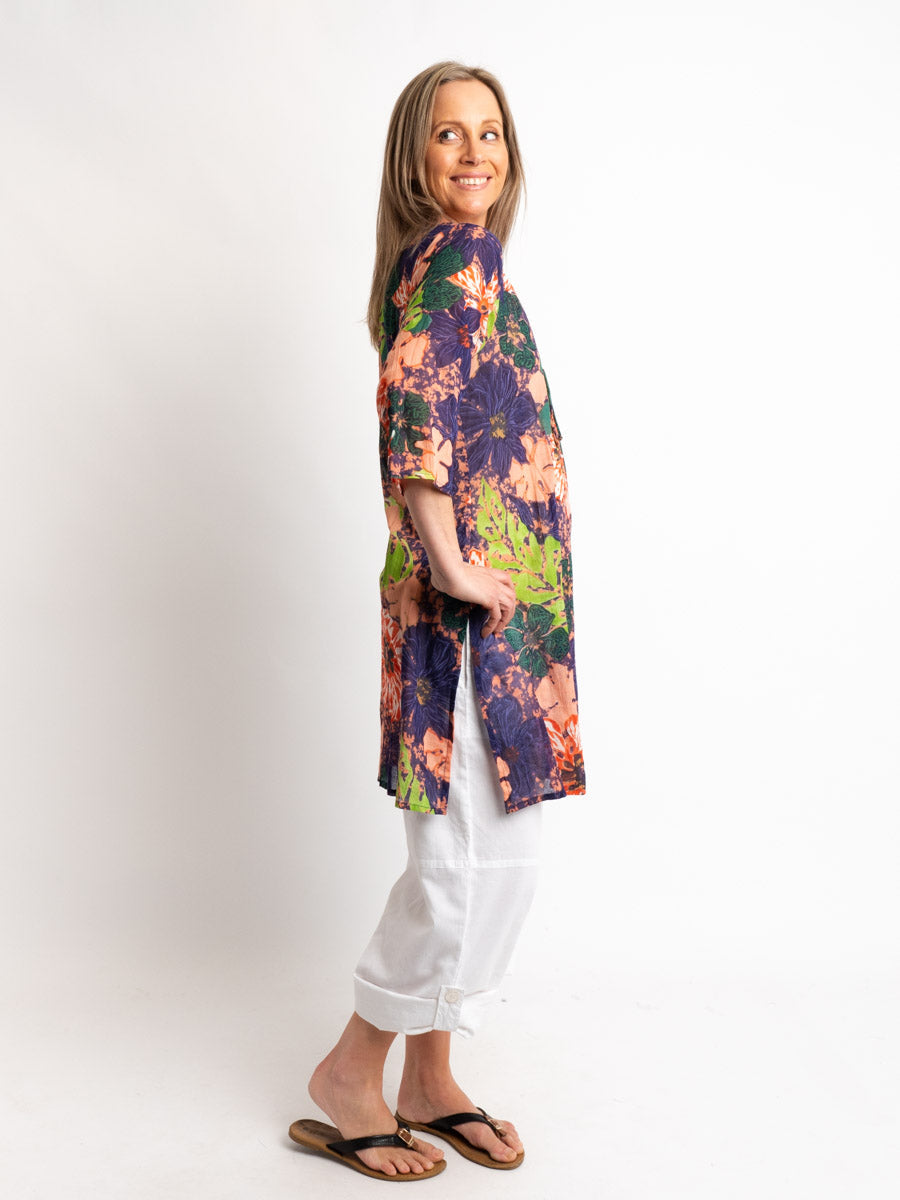 Long Top with Beaded V-neck in Grape and Flamingo Themed Print
