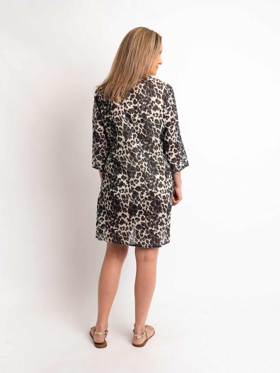 Beaded Long Top with Tie in Black and White Leopard Print