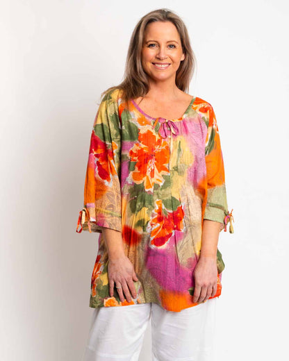 Pleated Round Neck Top in Orange Pink print