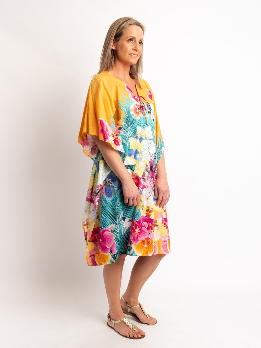 V-neck Dress Length Kaftan in Embroidered Apricot Floral