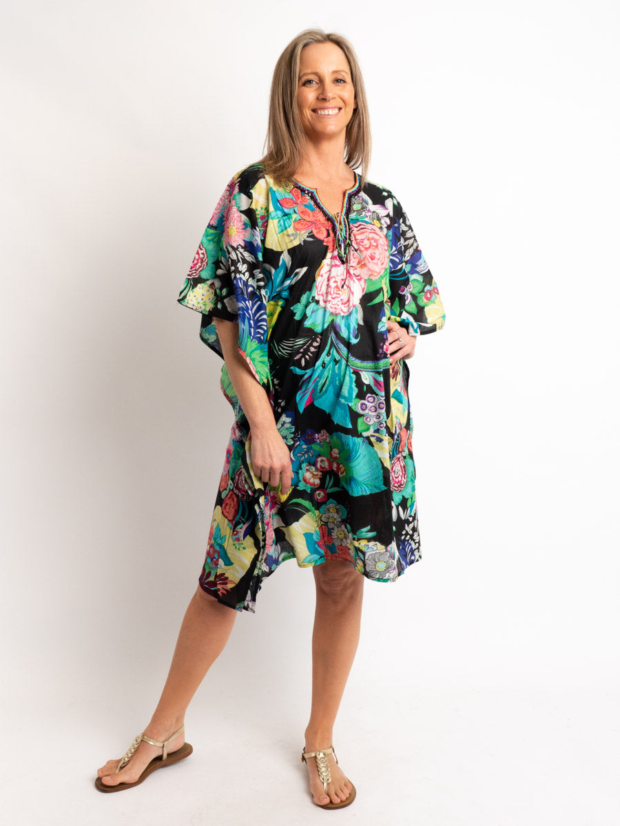 V-neck Dress Length Kaftan in Black Floral