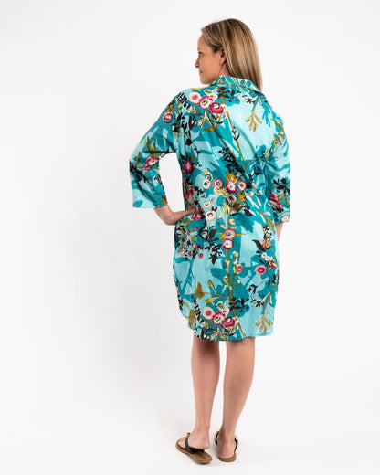 Collared Summer Dress in Turquoise Japanese Garden
