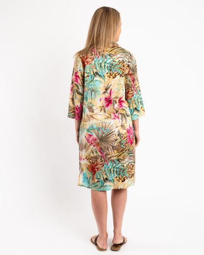 Pleated Summer Dress in Ecru and Hot Pink Floral