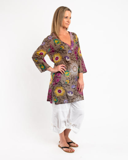 Sequined Floral Top in Olive Grey Background
