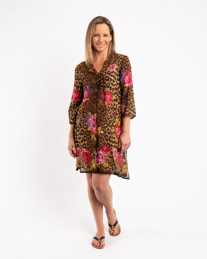 Beaded Long Top with Tie in Floral Tiger