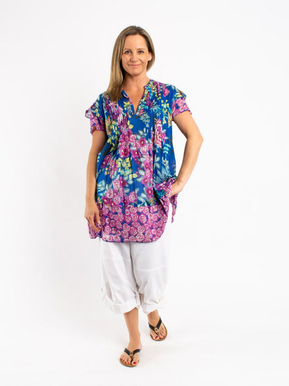 V-Neck Tunic Top in Blue Floral