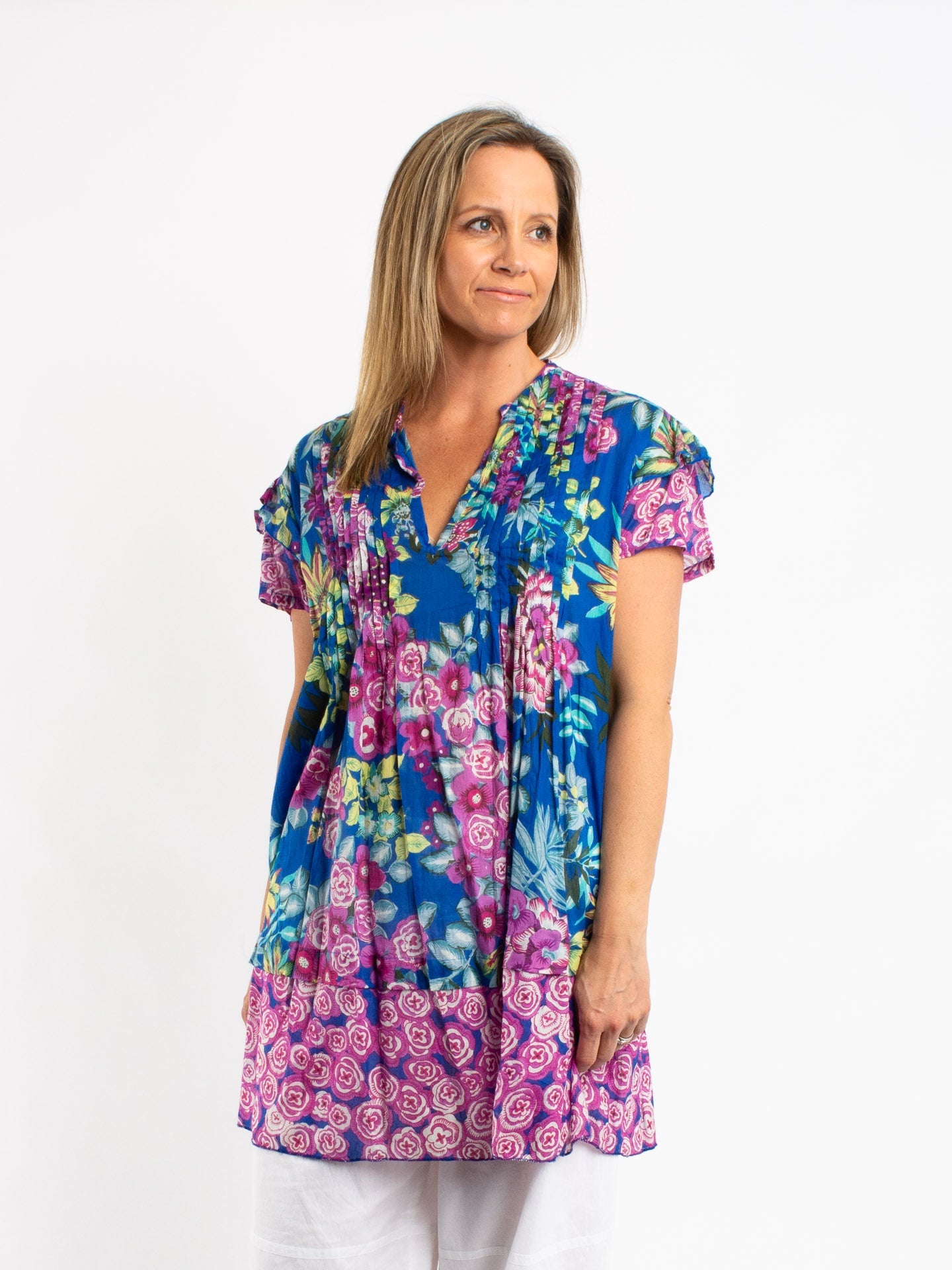 V-Neck Tunic Top in Blue Floral