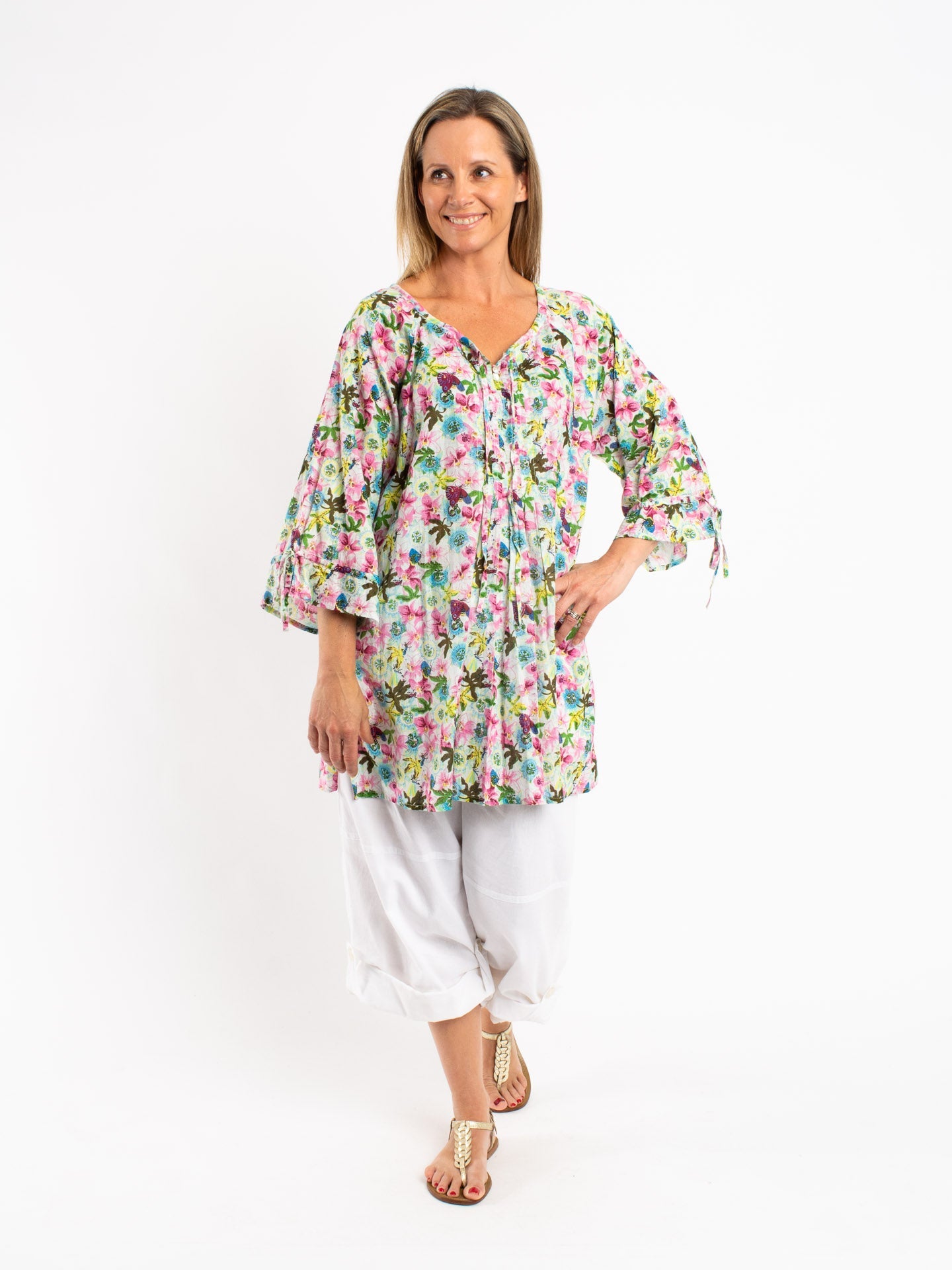 Pleated Round Neck Tie Top in Green Pink Garden