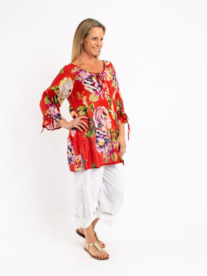Pleated Round Neck Tie Top with ties in Red Floral