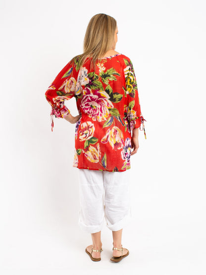 Pleated Round Neck Tie Top with ties in Red Floral