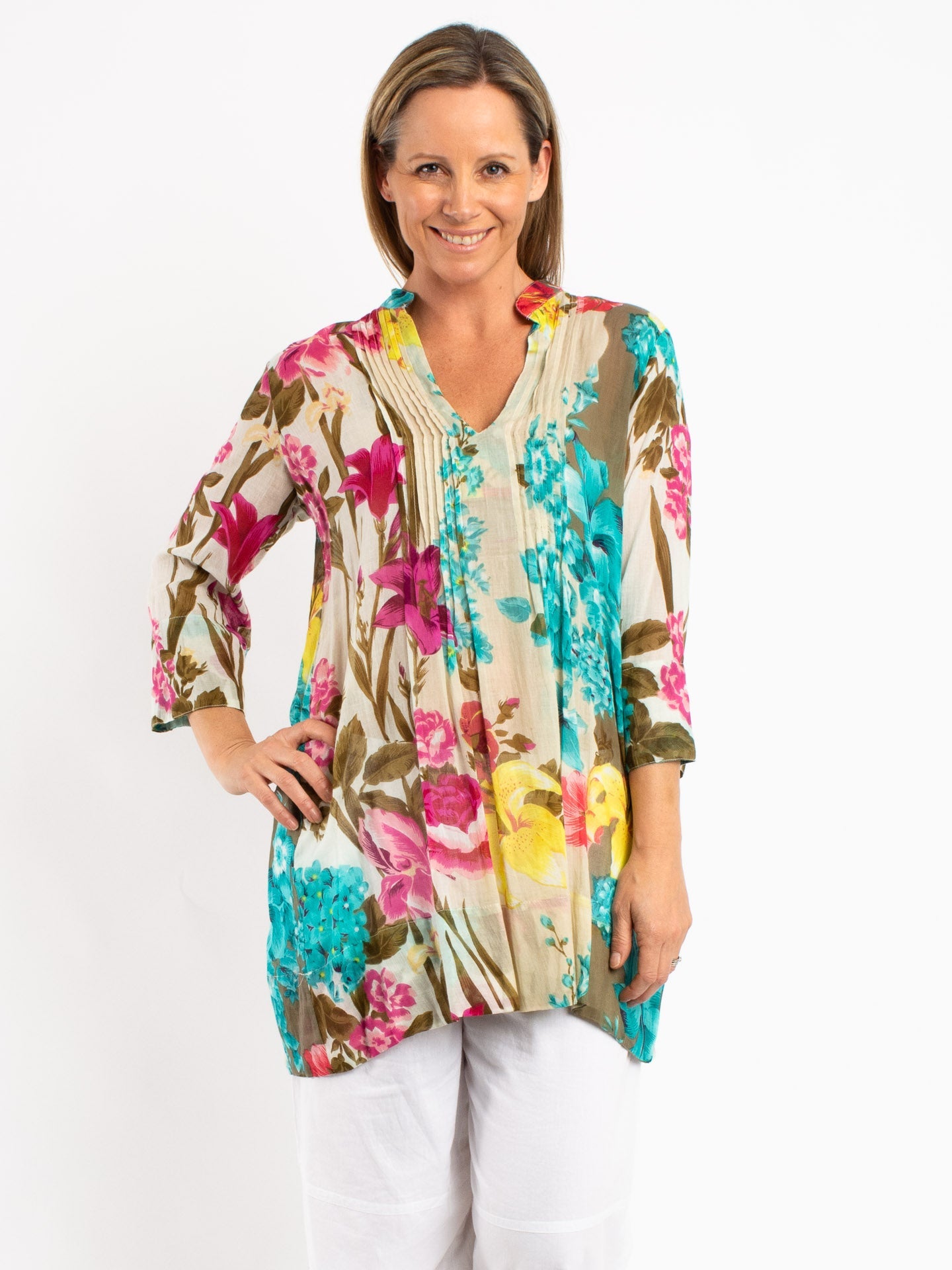 Pleated Long Top in Turquoise and Ecru