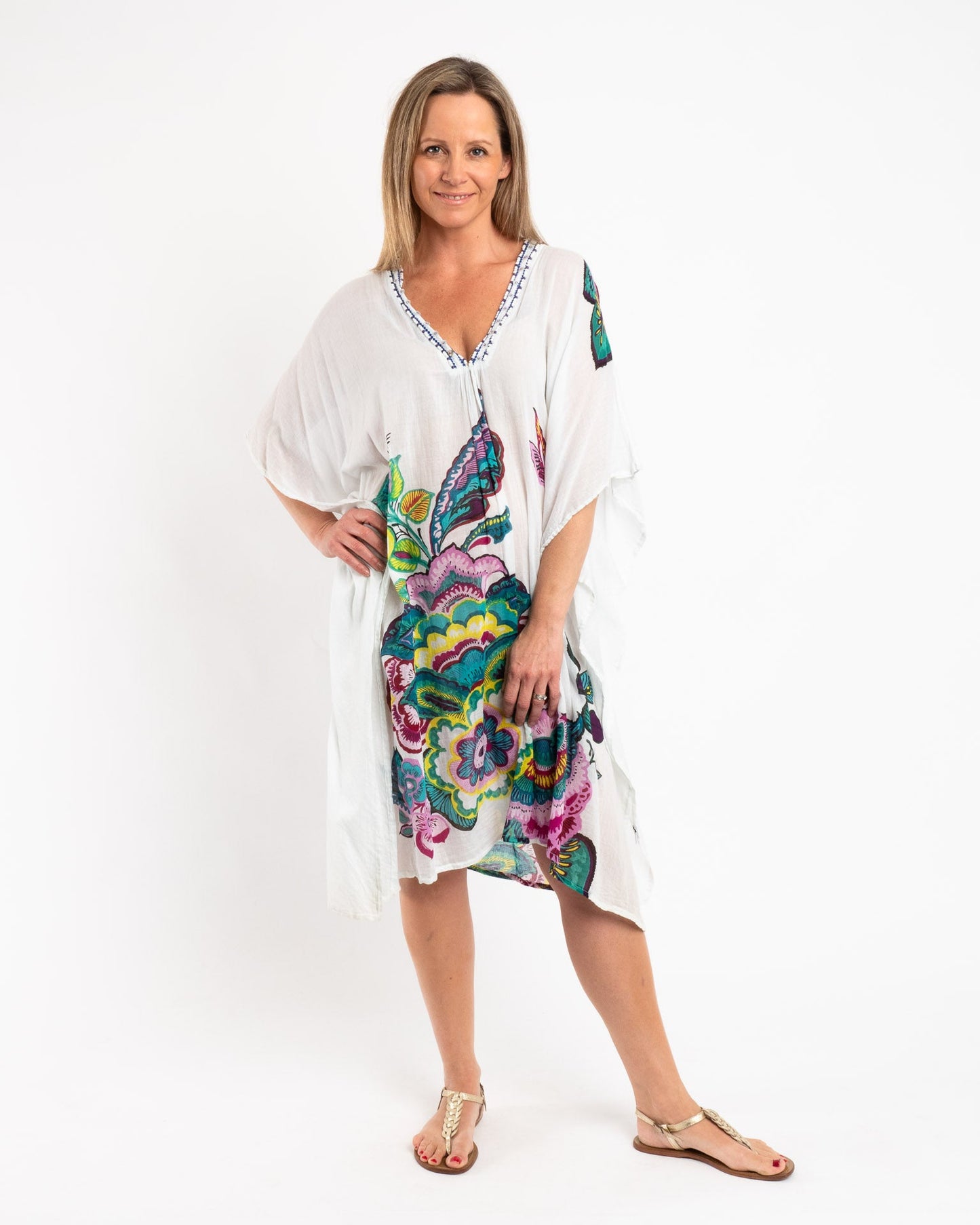 Beaded Flowing Kaftan in White Floral