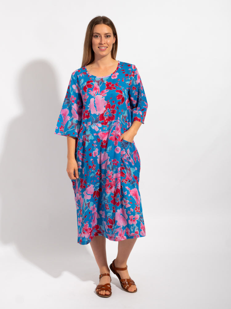 Maleny Dress in Blue Red Floral