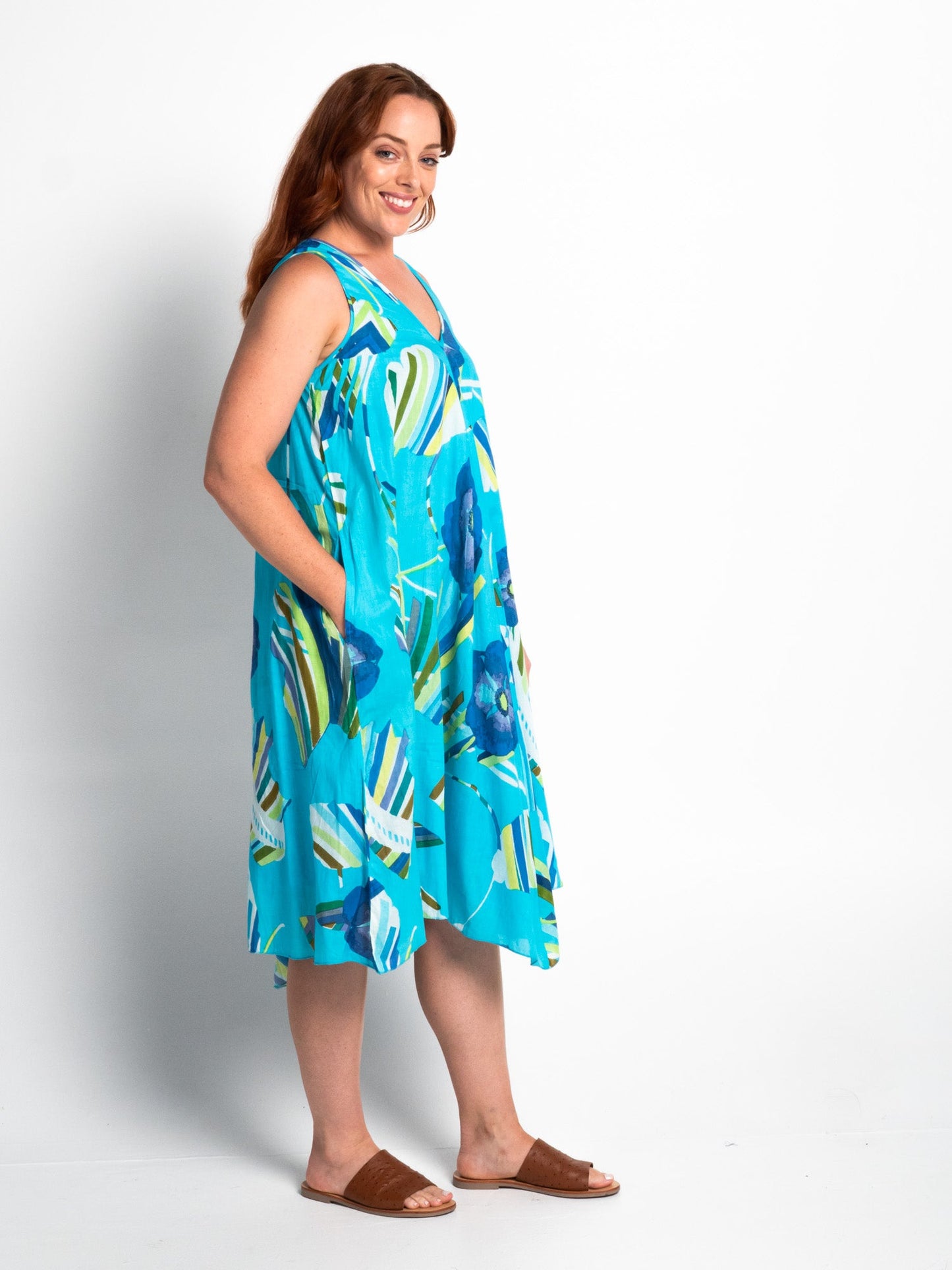 Coolum Dress in Aqua Poppies