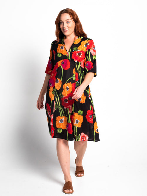 Mareeba Dress Half Sleeve in Black Poppies