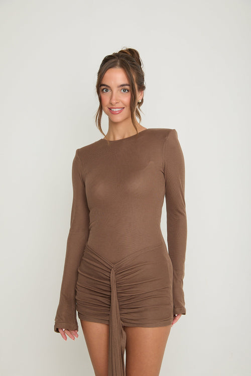 Naomi Ruched Drape Dress | Brown