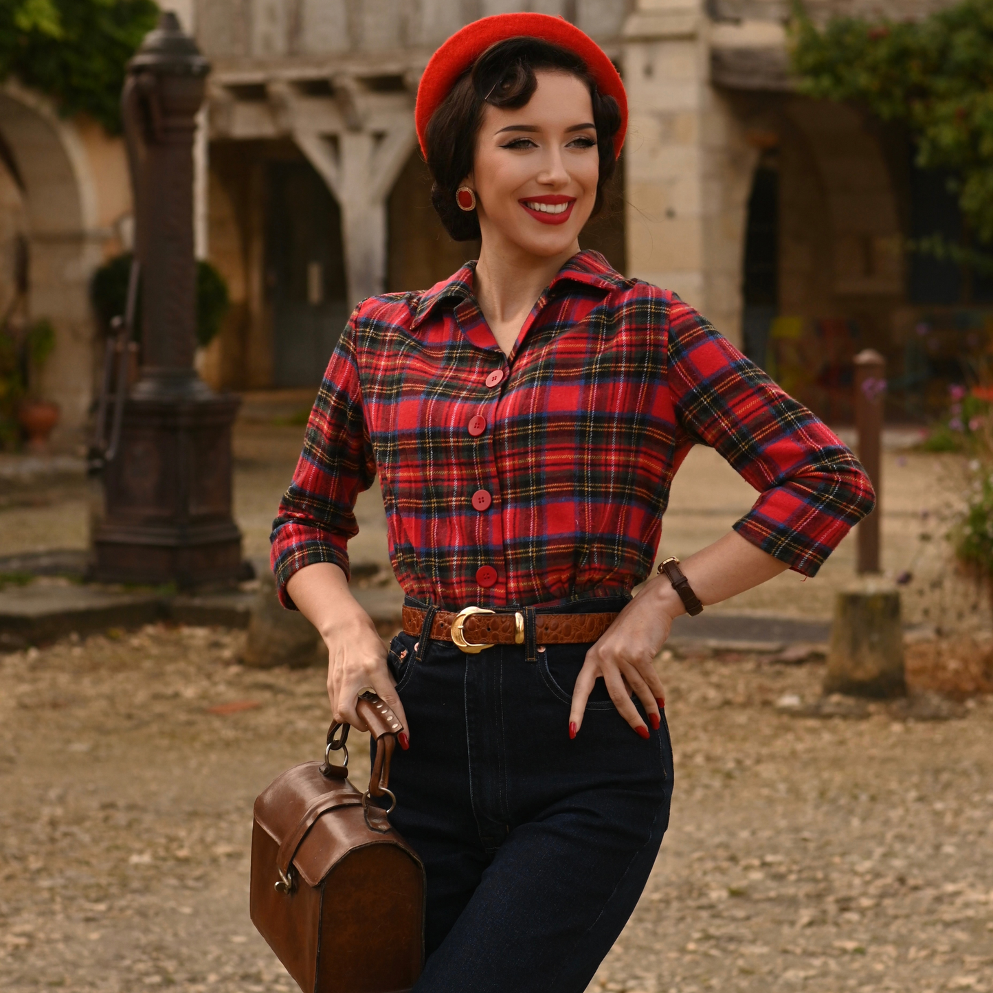 Marion Blouse in Red Plaid Tartan
