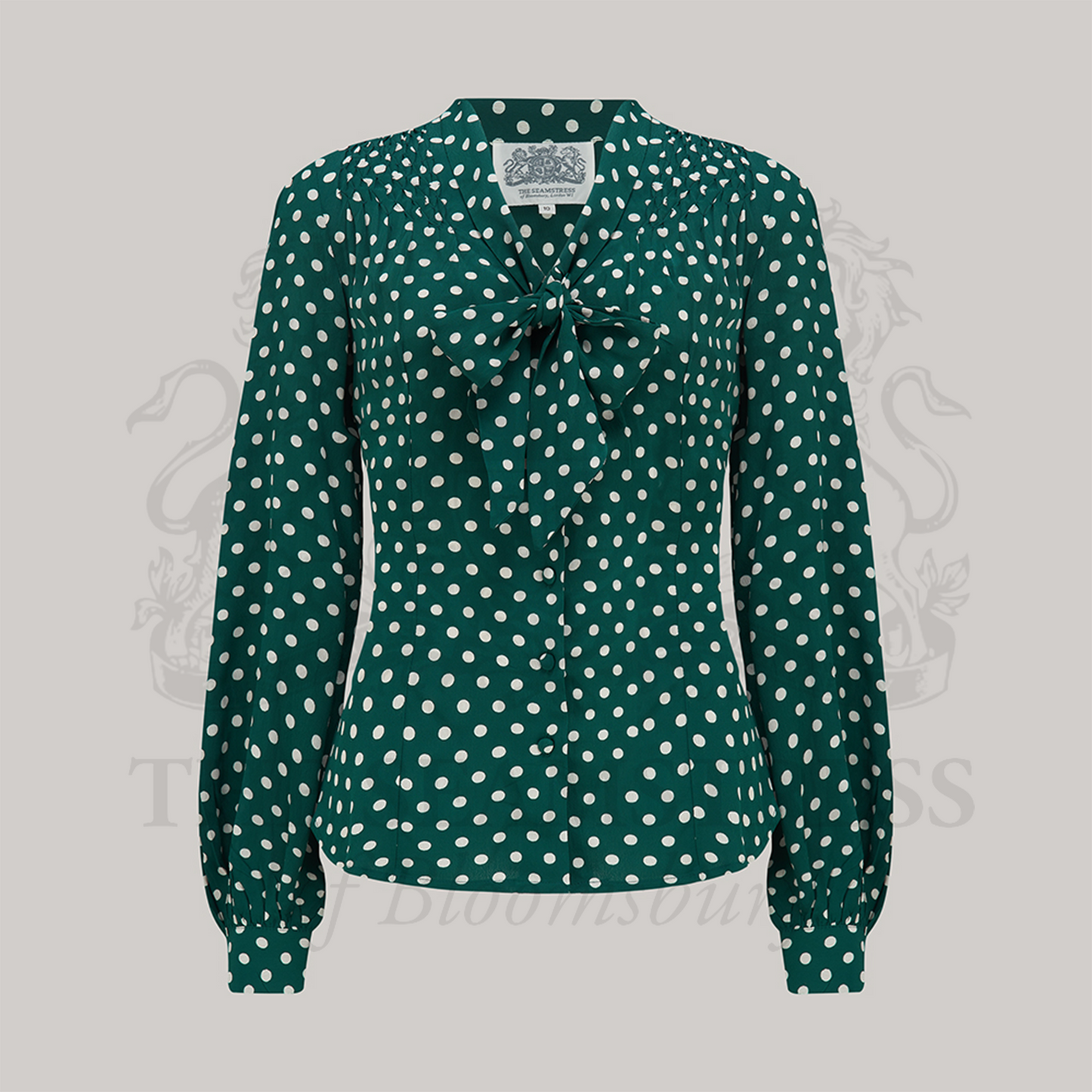 Eva Pussy Bow Blouse in Green Polka