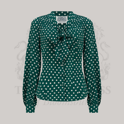 Eva Pussy Bow Blouse in Green Polka