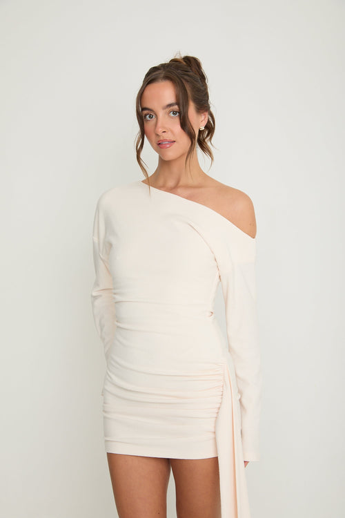 Hailey Asymmetric Drape Dress | Cream