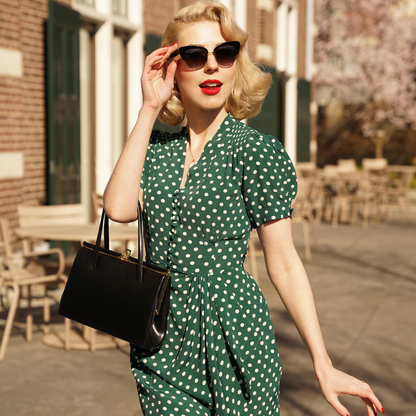 Mabel Waterfall Dress in Green Polka