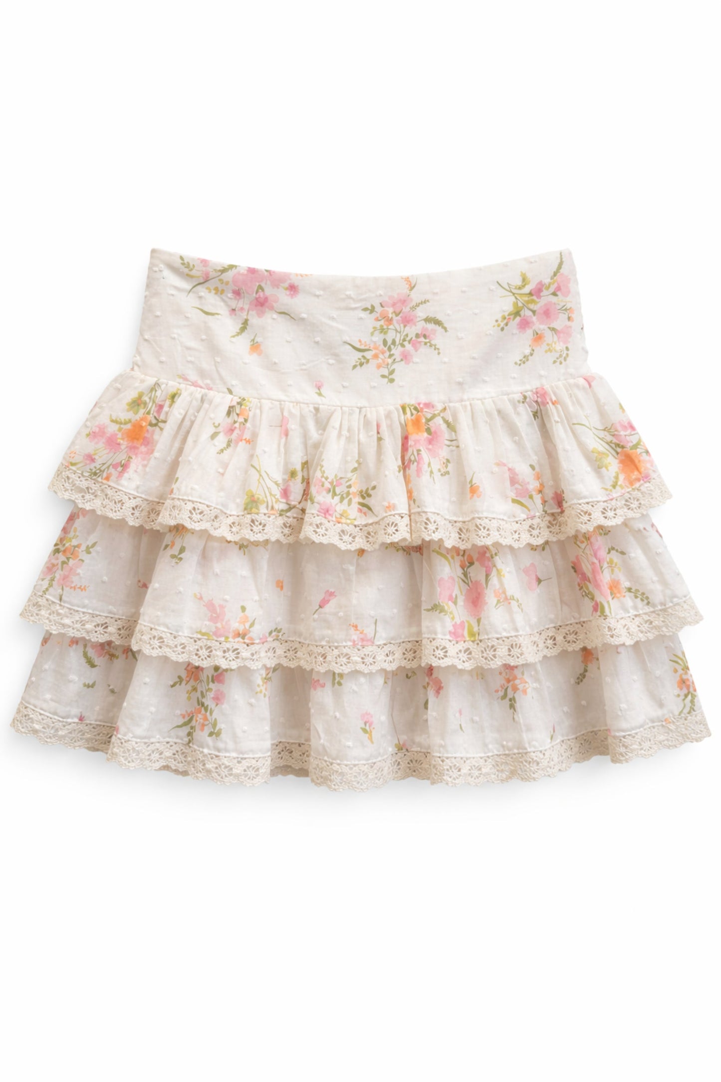 JUNIOR MELODY PRINTED DROP WAIST LACE TRIM SKIRT