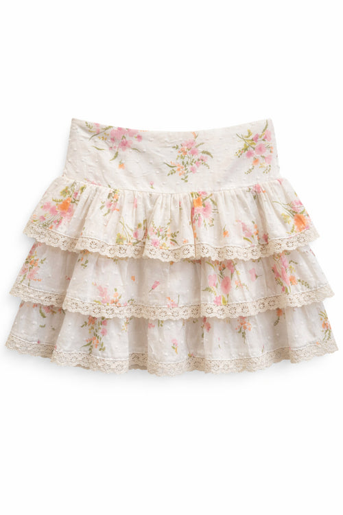 JUNIOR MELODY PRINTED DROP WAIST LACE TRIM SKIRT